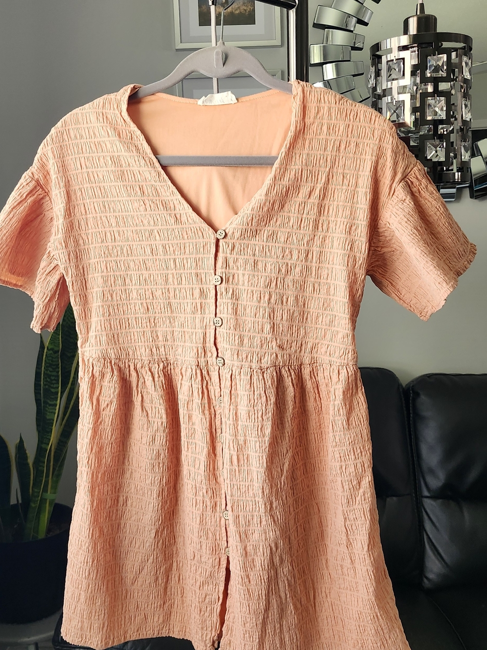 Button-Front Textured Mini Dress - Peach - Picture 3 of 8